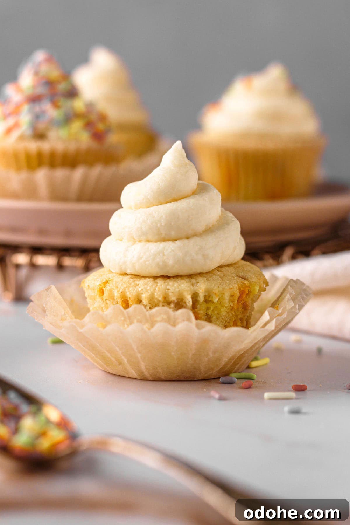 Classic Vanilla Cupcakes with Rainbow Sprinkles 2 vanilla cupcake with vanilla buttercream frosting and a spoon of sprinkles