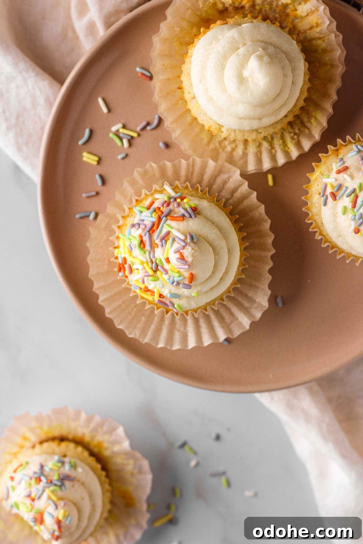 Classic Vanilla Cupcakes with Rainbow Sprinkles 3 vanilla cupcakes with sprinkles on a pink plate for baking blog
