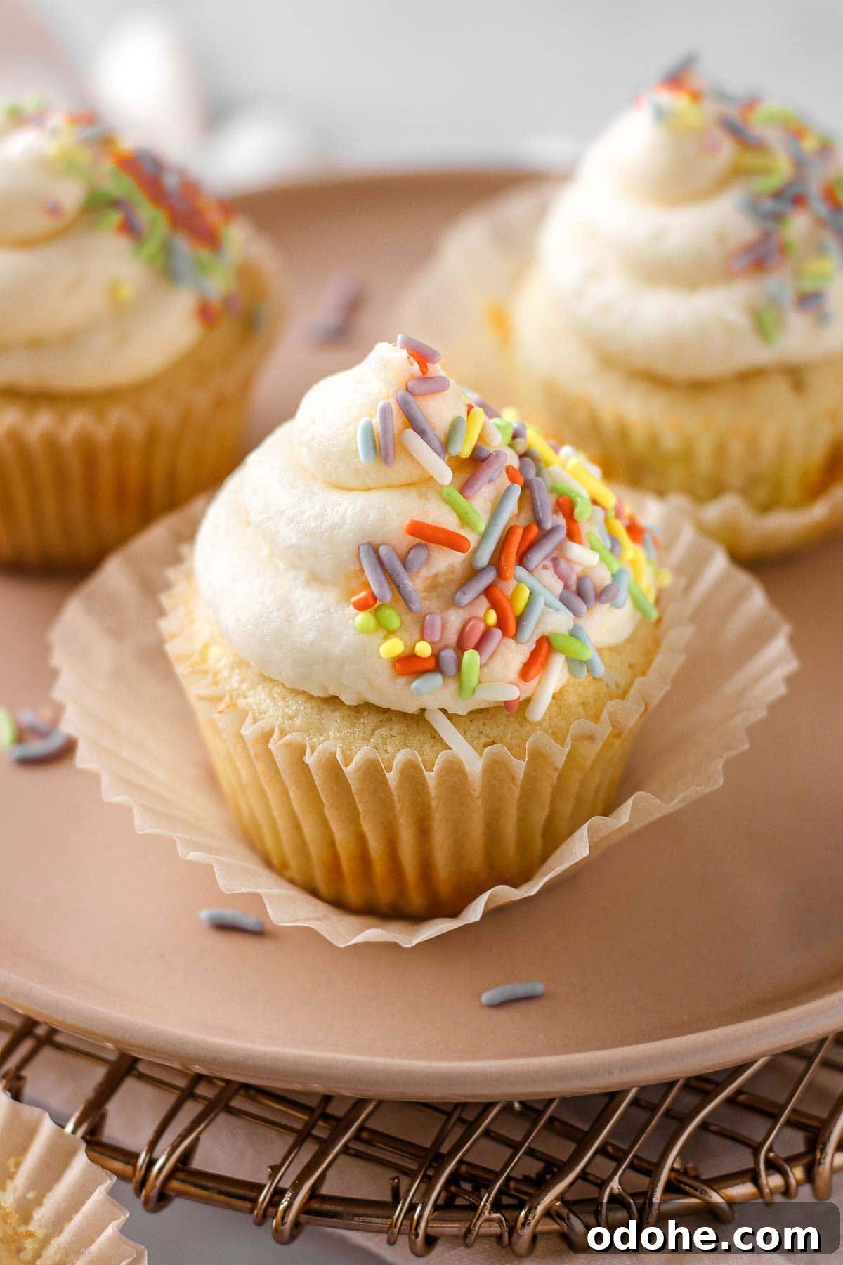 Classic Vanilla Cupcakes with Rainbow Sprinkles 4 vanilla cupcake with vanilla frosting and colored sprinkles on a pink plate for food photography