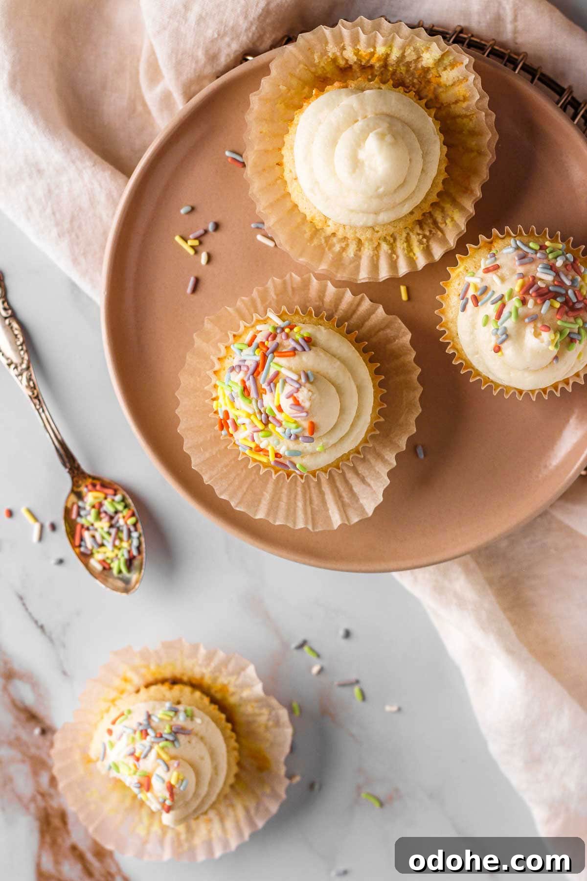 Classic Vanilla Cupcakes with Rainbow Sprinkles 5 frosted vanilla cupcakes with sprinkles on a pink plate for baking blog