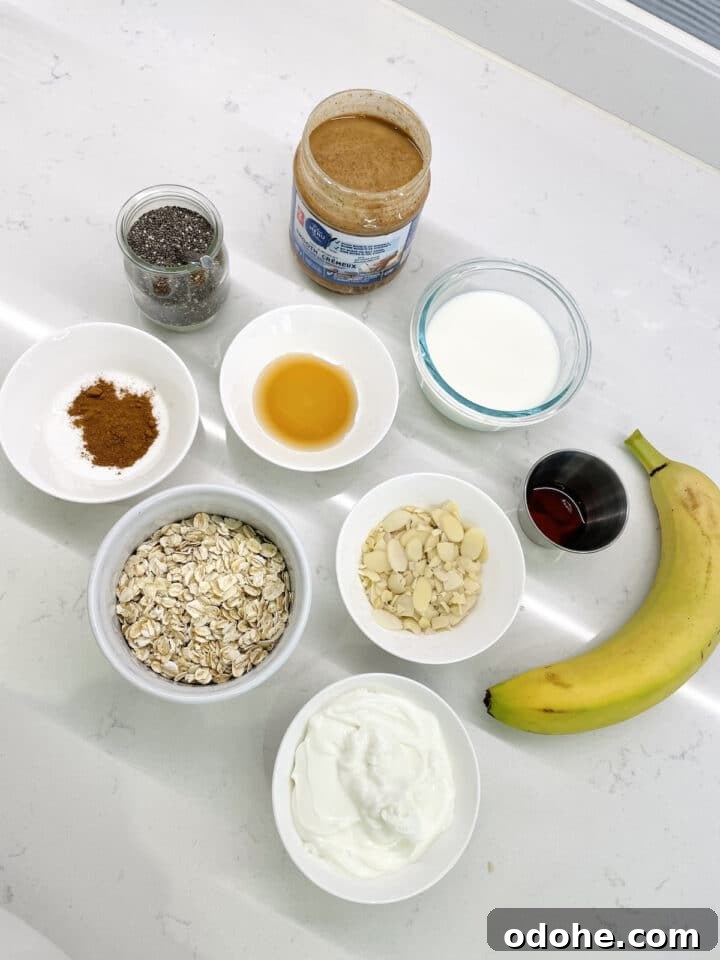 Creamy Almond Butter Overnight Oats Recipe 3 ingredients for almond butter overnight oats displayed on counter