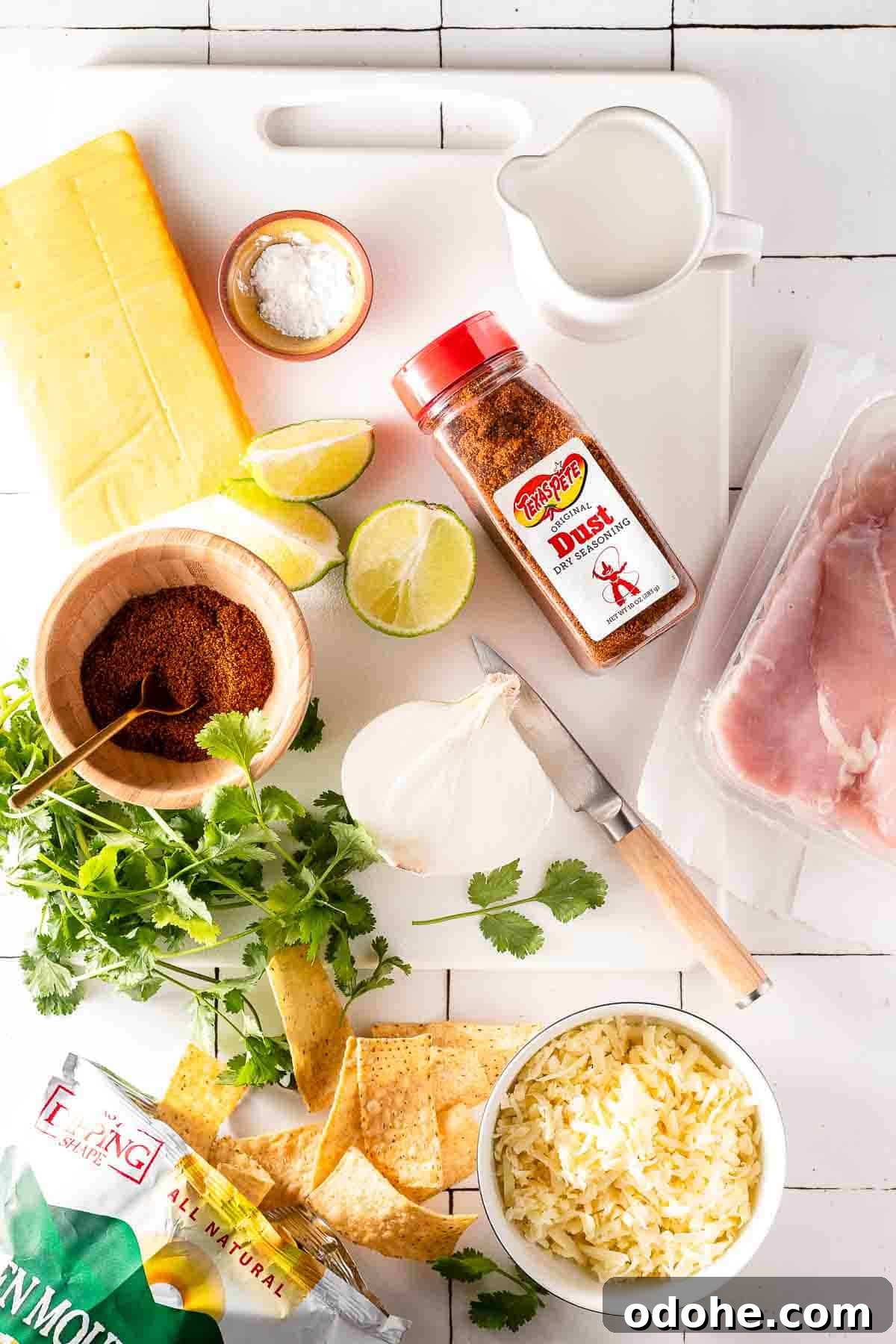 Crispy Spicy Queso Chicken Nachos Recipe 3 recipe ingredients on cutting board