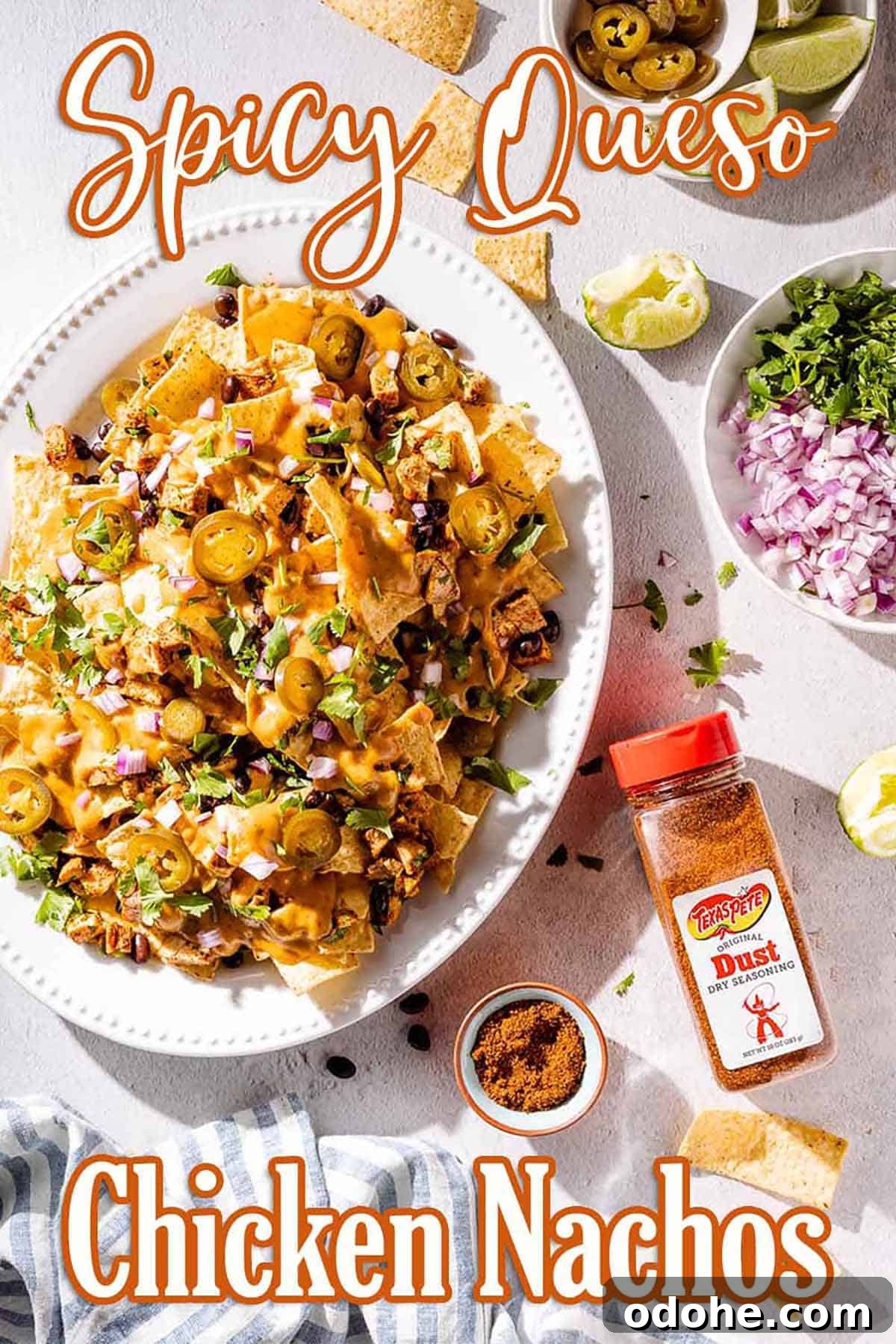 Crispy Spicy Queso Chicken Nachos Recipe 8 Platter of spicy chicken nachos with text overlay
