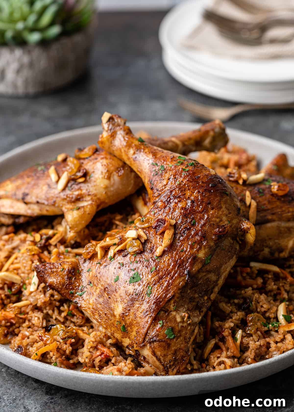 Authentic Kabsa: Arabic Chicken and Rice Recipe 4 side view: platter of my kabsa recipe with rice